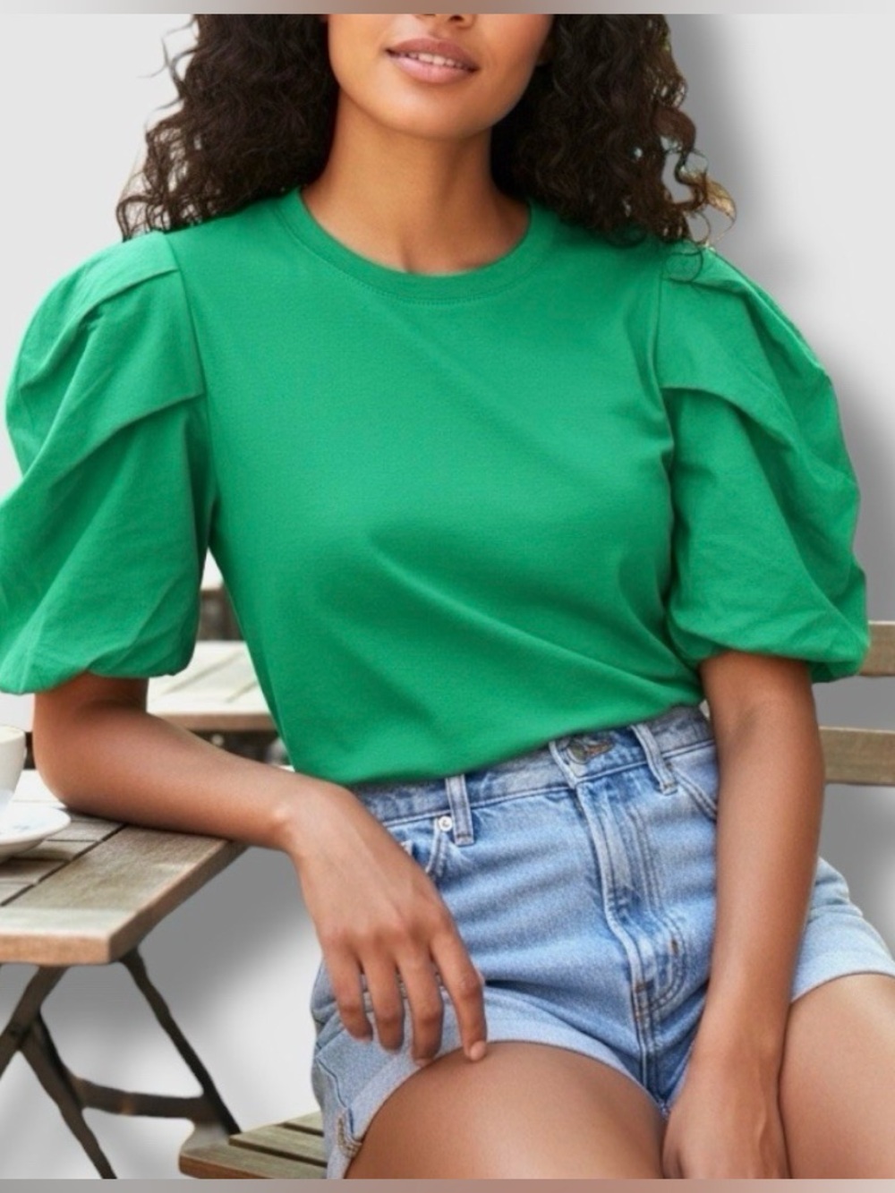 Green Puff Sleeve Crewneck Top - Women's